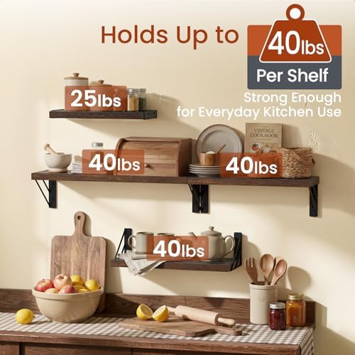 BAYKA Wall Mounted Floating Shelves (Rustic Brown, Set of 4, 16" Mixed)