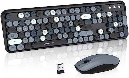 Retro Wireless Keyboard Mouse Combo,Round Keycaps,for PC Laptop,Black Grey