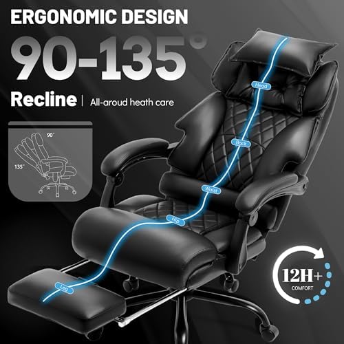 Massage Office Chair with Foot Rest,6 Points Vibration & Heat Executive Office Chairs,Big and Tall Office Chair 500LBS,Ergonomic Desk Chair for Heavy People,Recliner with Dual-Use Pillow,Black PU