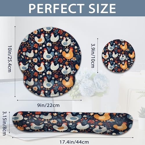 Rooster Hen Wrist Rest Support for Mouse Pad Keyboard Set, Flower Mouse Pad with Non Slip Rubber Base for Home and Office Typing Support