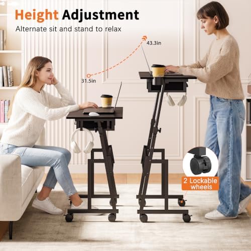 Adjustable Height Standing Desk with Drawer, Rolling Sit to Stand Up Desk