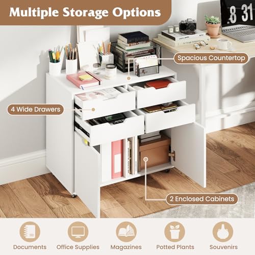 GIANTEX 4-Drawer File Cabinet, Rolling Printer Stand with 2 Lockable Wheels, Wooden Lateral Filing Cabinet, Load 298 Lbs, Under Desk Craft Storage Organizer for Home Office Organization (White)