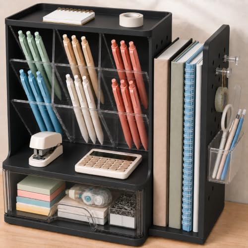 Sooez Desk Organizer with Bookends, Pegboard & Drawer, Pen & Pencil Holder