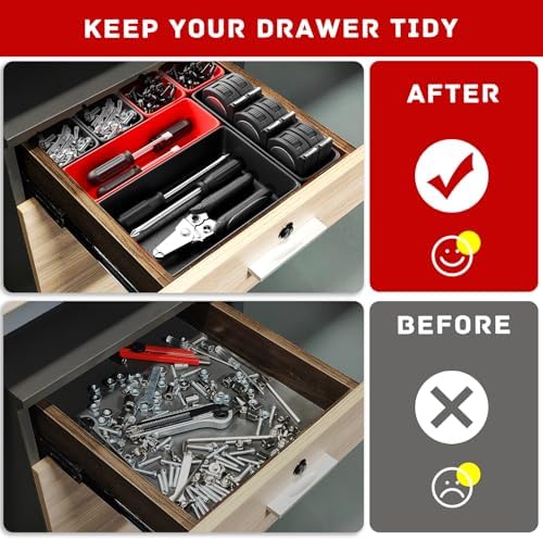 Toolbox Organizer Trays, Tool Chest Drawer Organizer with Non-Slip EVA Pads – 47pcs Red and Black Interlocking Trays for Workbench, Rolling Tool Cart, Garage