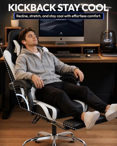 Dowinx Ergonomic Gaming Chair with Footrest & Massage Lumbar, 2D-Linkage Armrests for Computer Chair 330lbs with Headrest Pillow for Office, Home, Streaming and Long Gaming Sessions, Fabric White