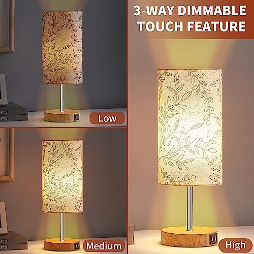 Bedside Touch Lamp, Wood Small Table lamp for Bedroom with 2 USB Charging Ports & Flower Fabric Shade, 3-Way Dimmable Nightstand Lamps for Living Room Office Reading Desk Home Dorm(LED Bulb Included)
