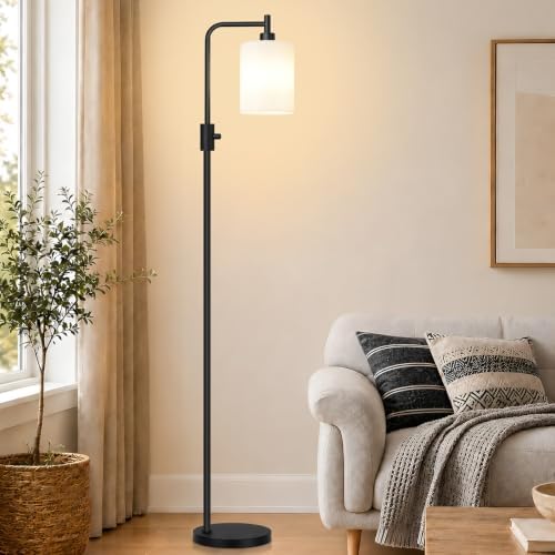 【Upgraded】 Dimmable Floor Lamp for Living Room with Opal Glass Lampshade, Black Modern Glass Floor Lamp with 900LM LED Bulb Included, Arc Standing Tall Lamp for Bedroom, Office, Reading Room, Corner