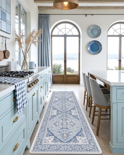 DEXI Kitchen Floor Mats Cushioned Anti Fatigue Runner Rug 24x87 Light Blue