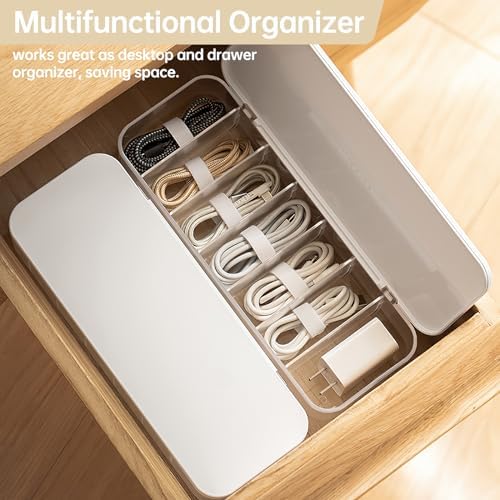 PAVSTINE Cable Organizer Storage Box with Lid, 7 Wire Ties, White