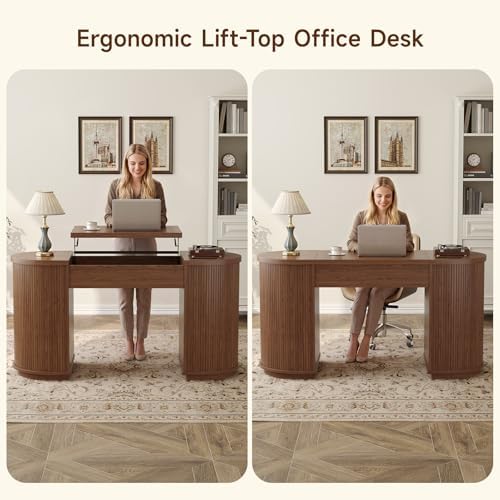 ONBRILL 59 Inches Office Desk with Lift Top, Fluted Executive Desk Walnut