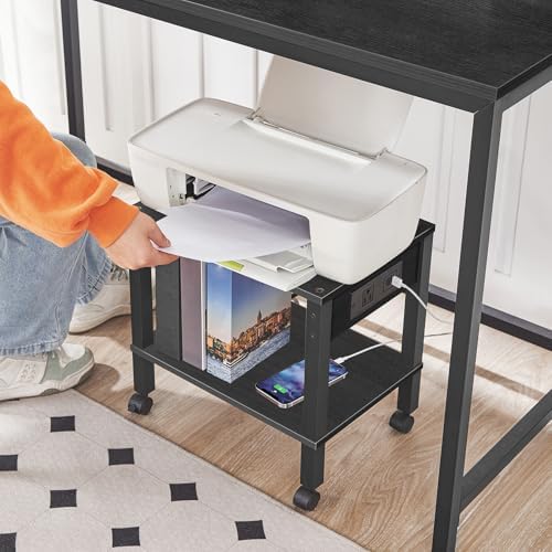 HOOBRO 2-Tier Printer Stand with Charging Station, Under Desk Printer Table, Printer Cart with Storage Shelves, Shelf for Small Spaces, for Home Office, Black BK38UPS01