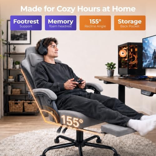 Fabric Gaming Chair with Heated Massage Lumbar Support, Pocket Spring Seat, Reclining Computer Chair with Footrest, Breathable High Back Gamer Chair, 350 lbs