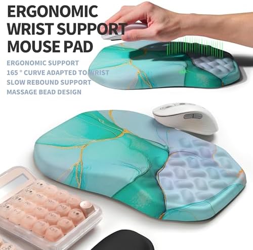 2-in-1 Ergonomic Set, Wave Keyboard Wrist Rest and Massage Slope Mouse Pad Wrist Support, Rebound Memory Foam for Relieve Carpal Tunnel Syndrome and Wrist Pain (Green Gold Marble)