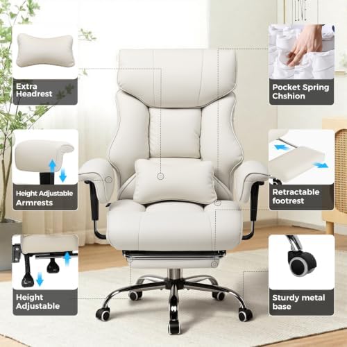 COMHOMA Big and Tall Office Chair,Heavy Duty Gaming Chair with Foot Rest and Wide Pocket Spring Cushion Reclining Height Adjustable for Home Office Work, Comfy Pu Leather Beige