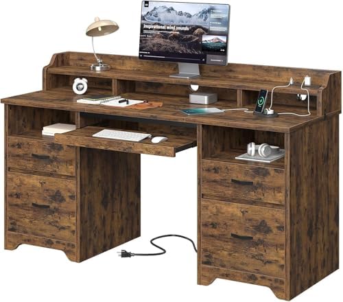Bestier 59" Executive Desk with Charging Station & Monitor Stand, Brown