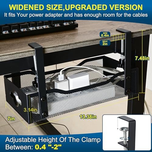 Large Under Desk Cable Management Tray - Heavy Duty Metal Cord Organizer with No Drill Installation for Office & Home Office Desks to Hide Wires & Power Strips (Black, XL) (Pack of 2)