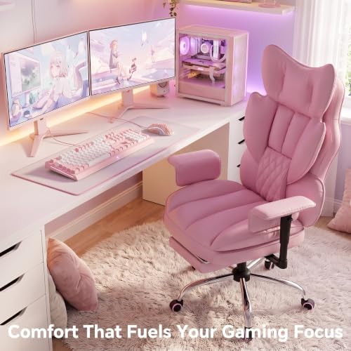 Mr IRONSTONE Big and Tall Gaming Chair 400lbs, Heavy Duty Office Chair with Footrest, High Back Computer Chair with Thick Padded Seat and Lumbar Support, Wide Seat Reclining PU Leather Chair, Pink