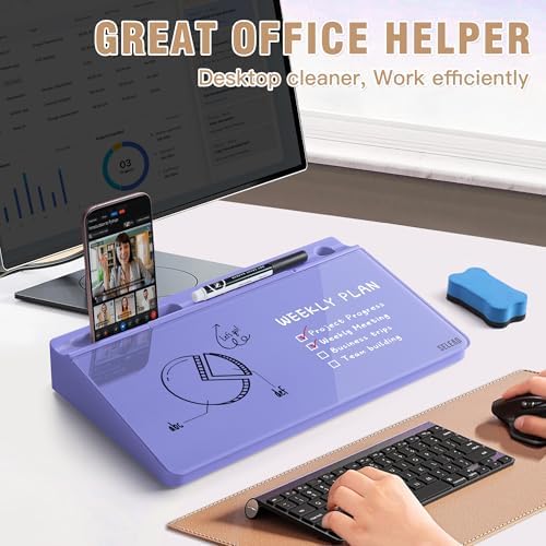 SELEAD Desktop Glass Whiteboard with Storage, 5 Markers and Eraser, Purple