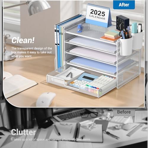 OPNICE Desk Organizer, 5-Tier Desktop File Organizer with Drawer and Pen Holders, Office Desk Accessories, File Sorters, Workspace Organizers for Office Supplies(White)