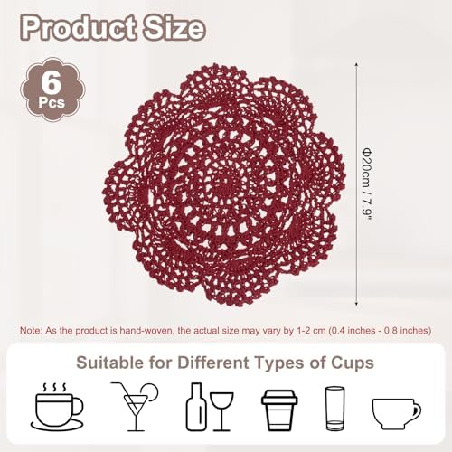 uxcell 6 Pcs Crochet Handmade Placemat Doilies for Table 7.9" Burgundy
