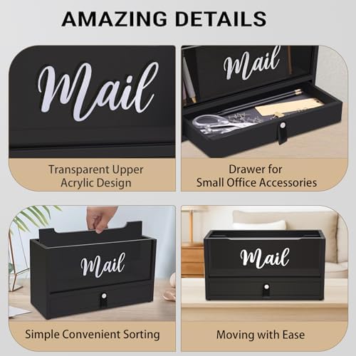 Two-Layer Solid Wooden Mail Storage Organizer Holder with Clear Acrylic Top and Bottom Drawer, Leather Handle, Keeping Mail, Bills, Letters, Cards and Office Supplies in One Place, Home Decor Gifts