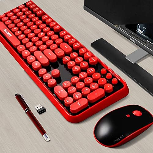 Red Color Keyboard and Mouse Wireless,Retro Typewriter Style Round Keys