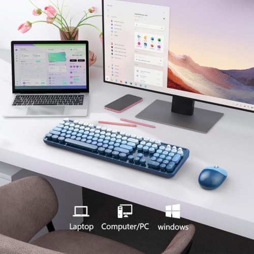 MOFII Wireless Keyboard and Mouse Combo, 2.4 GHz Full-Size Retro Round Keyboard and Mouse, Plug and Play, 8 Multimedia & Shortcut Keys for Mac, Windows, Laptop/Desktop/PC - Blue Gradient