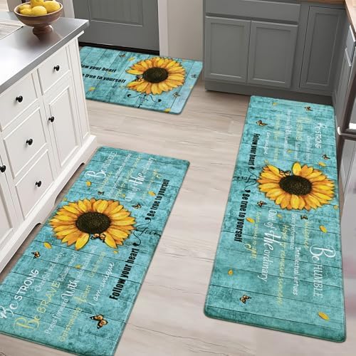 Likiyol Sunflower Kitchen Rugs Sets of 3 Kitchen Mats for Floor Anti Fatigue Mats for Kitchen Floor, Spring Floral Flower Non Slip Washable Standing Floor Mats, 18''x30''+18''x48''+18''x60''(Blue)