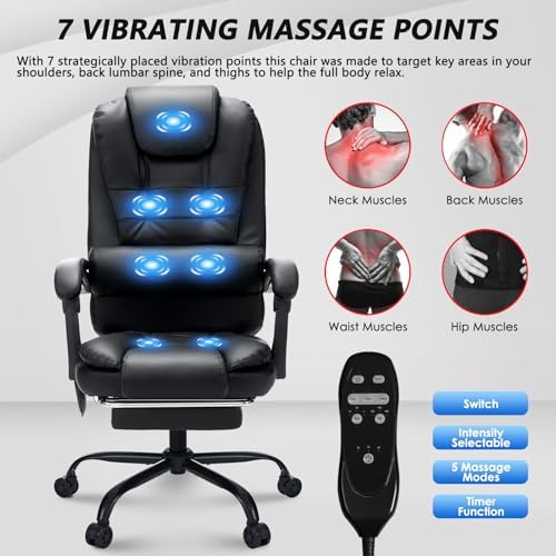 HOFFREE Massage Office Chair with Foot Rest 7 Points Vibration,Black