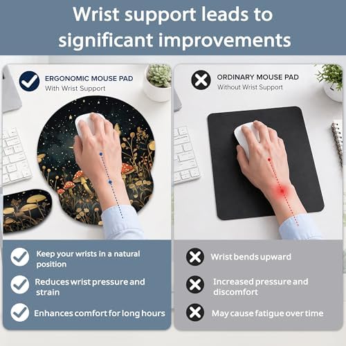 Mushroom Ergonomic Memory Foam Wrist Rest Set for Keyboard and Mouse,Flower Butterfly Moon Supportive Mouse Pad with Non Slip Base for Office Work and Gaming