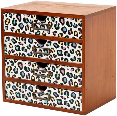 Colorful Leopard Print Wooden Desk Organizer - 4-Drawer Desktop Storage Cabinet for Office Supplies, Craft Tools & Home Organization - Trendy Wood Design for Crafters, Art Enthusiasts, Students