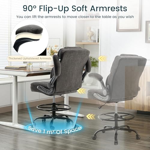 Drafting Chair 500Lbs, Tall Office Chair for Standing Desk, Fabric Executive Office Chair with Flip-up Armrests, Ergonomic High Chair with Adjustable Foot Ring, Comfy Stool Chairs, Black