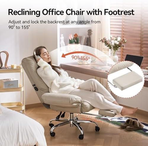 EMIAH Heated and Massage Office Chair with Foot Rest, PU Leather, Beige
