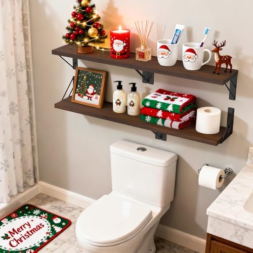 BAYKA Wall Mounted Floating Shelves (Dark Brown, Set of 4, 16" Mixed)