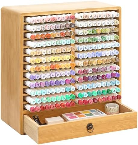 Marker Organizer, Bamboo Storage Rack With Drawer for Hold 216 Markers