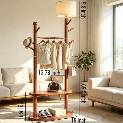 Wood Coat Rack Floor Lamp, Standing Lamp with Double Storage Shelves