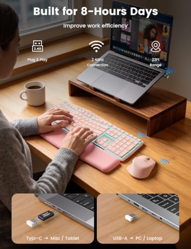 SABLUTE Wireless Keyboard and Mouse, Ergonomic Keyboard with Wave Key