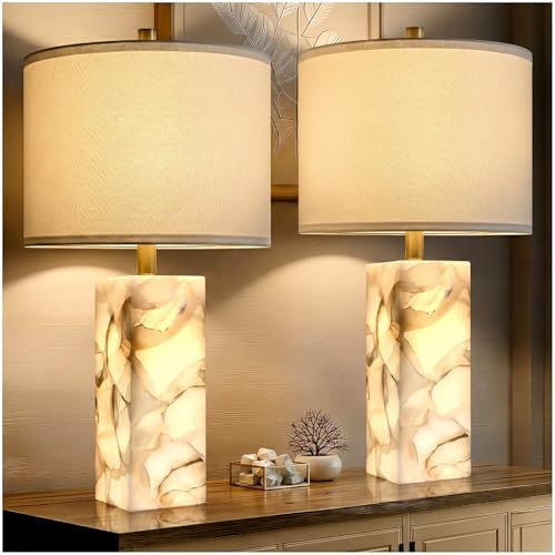 Scenekoy 23" Alabaster Table Lamp Set of 2 with Night Light for Living Room
