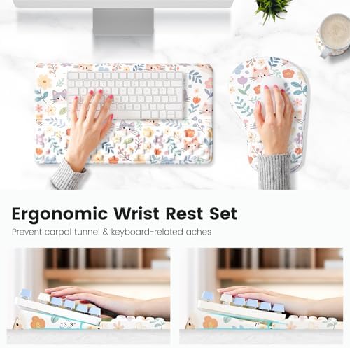 Ospelelf Keyboard Wrist Rest and Mouse Pad Set, Ergonomic Memory Foam Wrist Support, Aesthetic Desk Accessories for Office, Home & Gaming, Relief for Carpal Tunnel & Wrist Pain,Floral Cat