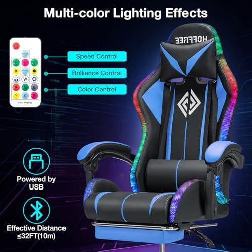 HOFFREE LED Gaming Chair with Massage RGB Lights Computer Game Chair-Blue