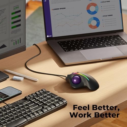 Wired Ergonomic Trackball Mouse, 34mm Thumb Control, RGB Lighting