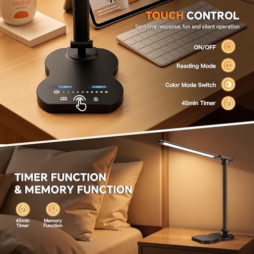 LED Desk Lamp for Dorm, Desk Light with USB Charging Port, Black