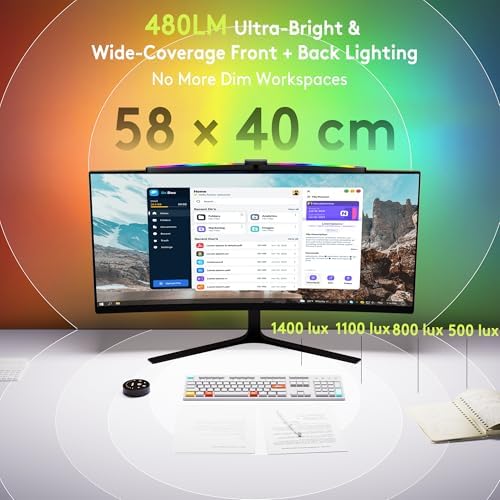 Quntis Curved Monitor Light Bar 15 RGB Backlight for 34"+ Screens, Computer Bar Lights Foldable Dual Light with Color Temperature Brightness Stepless Dimming, No Glare Desk Lamp for Home Office Gaming