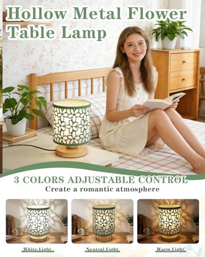 Green Small Table Lamp, LED Cutout Metal Bedside Lamp with 3 Color Temperatures for Office, Living Room, Bedroom, Dorm (Green)
