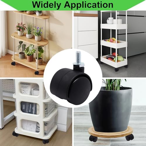 1 Inch Stem Swivel Casters Set of 4, M6 Threaded Stem Swivel Caster Wheels, 360° Rotation Heavy Duty Replacement Castors for Furniture Table Drawer Cabinet Plant Shelf Chair Wheels (Black)