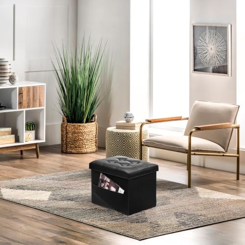 AmasSmile Ottoman with Storage,17" Folding Leather Foot Rest Chest,Black