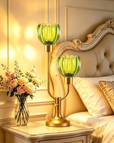 Green Glass Flower Table Lamp for Bedroom Dimmable 2 Bulbs Included