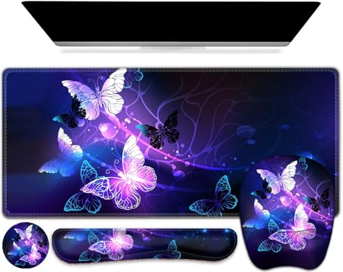 Large Mouse Pad with Wrist Support 4in1 Set, XXL Game Mousepad + Keyboard Wrist Rest+Mouse Wrist Rest+Coaster with Ergonomic Design Gaming Mat for Home Office Table Computer I Purple Butterfly