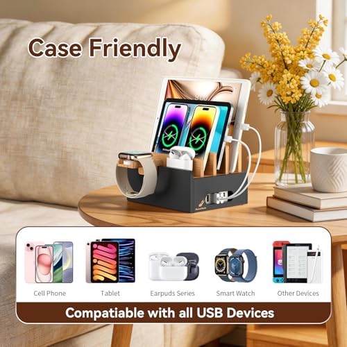 Pezin & Hulin Bamboo Charging Station with USB Charger&Cables-Natural+Black