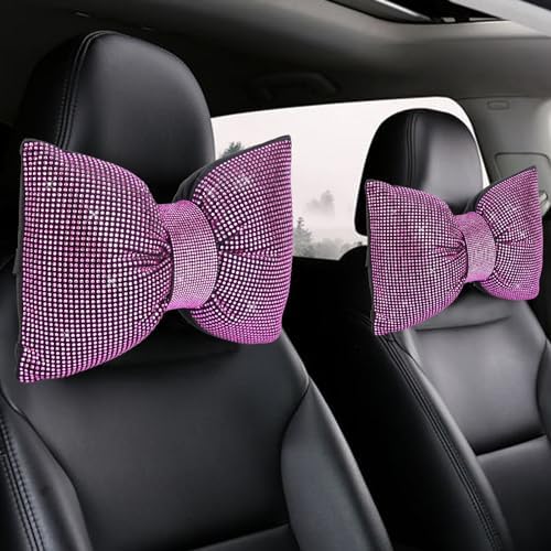 2 PCS Bling Car Pillows,Rhinestones Bowknot Car Headrest Pillow,Pink